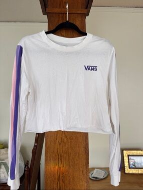 Vans White Cropped Long Sleeve Tee with Pink & Purple Sleeve Stripes